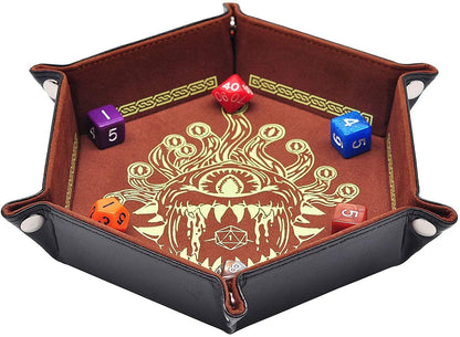 D&amp;D Dice Tray PU Leather Hexagon Dice Holder Printed with Beholder Portable and Foldable Dice Rolling Mat - NERD BEM TRAJADO