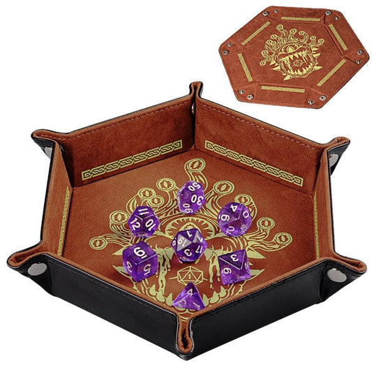 D&amp;D Dice Tray PU Leather Hexagon Dice Holder Printed with Beholder Portable and Foldable Dice Rolling Mat - NERD BEM TRAJADO